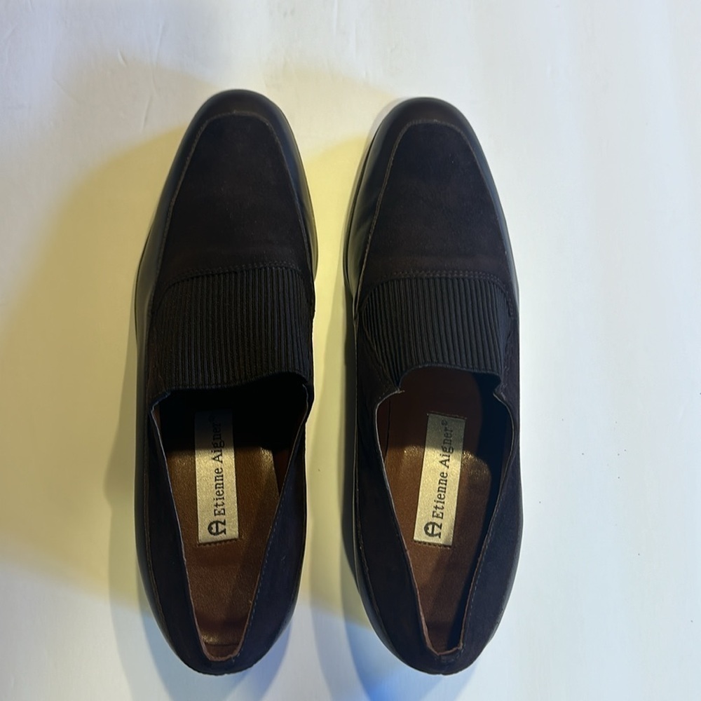 NWOT Ascot Etienne Aigner dark brown loafers all leather upper stretchy front - Picture 2 of 9